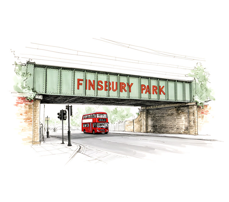 An ink sketch of The Finsbury Park bridge
